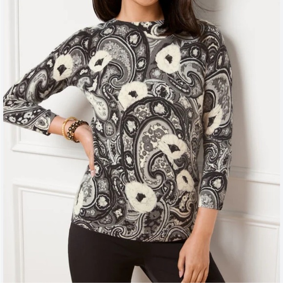 Talbots Audrey Cashmere Sweater Abstract Paisley Black White 3/4 Sleeve Small - Picture 1 of 6